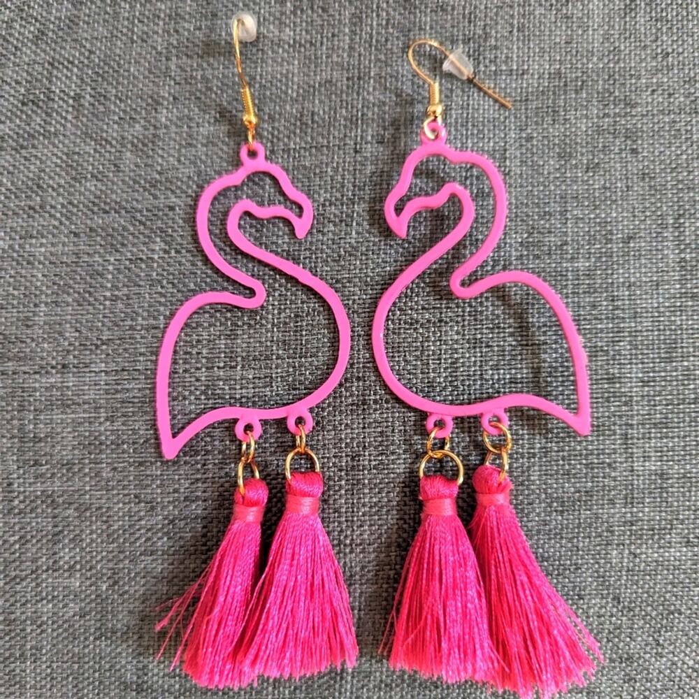 Flamingo Barbie Pink Tropical Tassel Bohemian Drop Dangly Pierced Hook Earrings